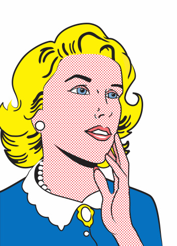 Lichtenstein-inspired Pop Art illustration of woman deep in thought. Just what exactly is she thinking? In this version, the woman is isolated on a white background.