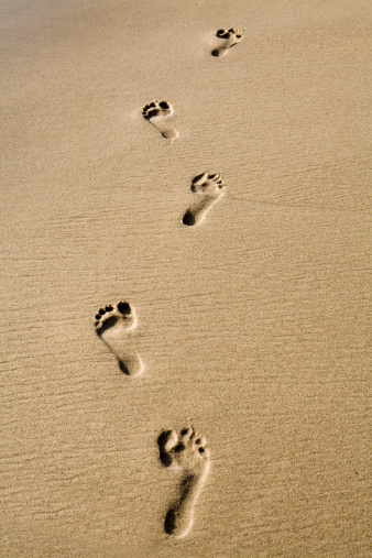 Shoe Prints in the Sand on the Beach on a Sunny Day