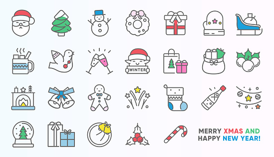 istock Christmas Holiday Decorative Icons. Seasonal Vector Symbols and Colorful Linear Illustrations. 1722146865