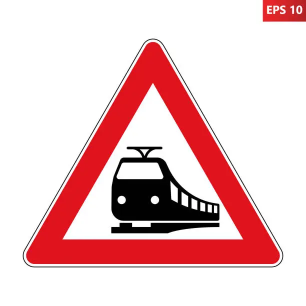 Vector illustration of Railway train level crossing road sign.