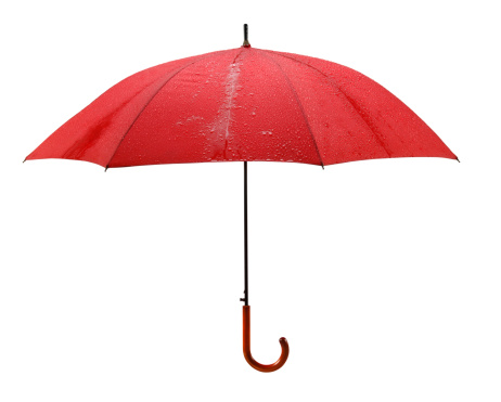 Wet Bright Red Umbrella on White with Clipping Paths Included.