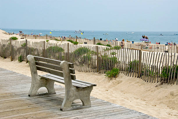 Bench near the beach at New Jersey shore stock photo