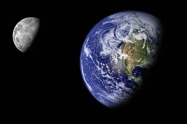 "An outer space view of our endangered planet, with a half of moon on the background.(space body images courtesy by NASA http://visibleearth.nasa.gov and http://grin.hq.nasa.gov)"