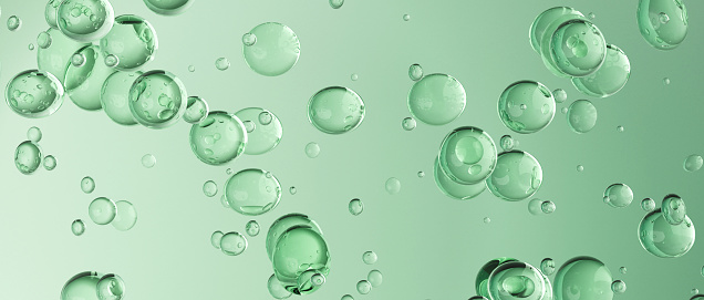 Beautiful green liquid with bubbles abstract cosmetic 3d rendering background