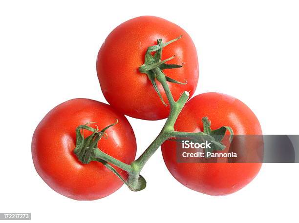 Three Tomatoes On Vine On White Background Stock Photo - Download Image Now - Color Image, Cut Out, Directly Above