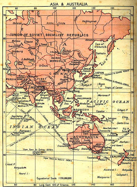 old faded map of russia/asia/australia an old faded map of Russia/Asia/Australia with faded moldy worn paper. 2004 indian ocean earthquake and tsunami stock pictures, royalty-free photos & images