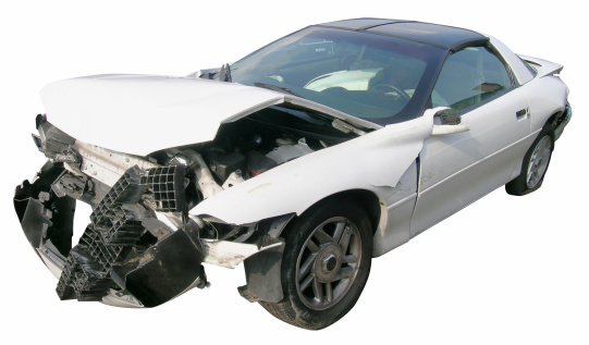 White sports car with front-end damage.Also available: