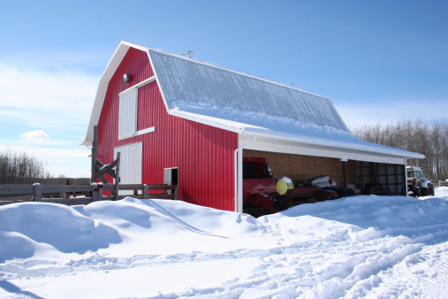 Red barn in winter time.