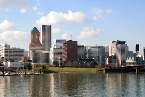 View of downtown Portland Oregon from southeast of the Willamatte River in early Spring.