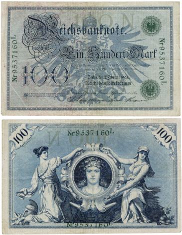 Both sides of German hundred mark banknote from 1908; amazing details in design