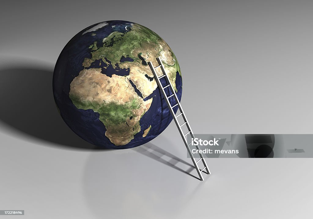 Moving Up in the World A ladder leaning against the Earth. 3D render with raytraced textures and photometric lighting.  Earth texture courtesy of NASA Visible Earth Project.Also available. Achievement Stock Photo