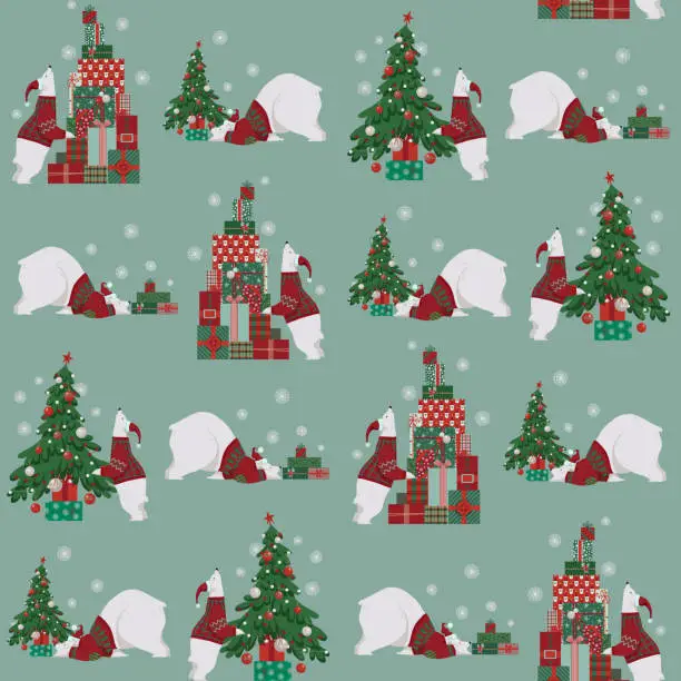 Vector illustration of Seamless Christmas pattern with a polar bear, gift boxes, and a Christmas tree on a blue background. Winter holidays vector surface pattern.