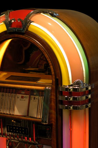 jukebox; retro; music; colorful; neon; player; dance; tunes; albums; CDs; nostalgia; old; fashioned; records; sock; hop
