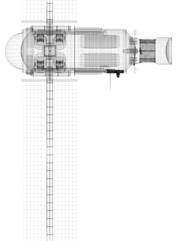 Technical wireframe rendering of a satellite viewed from above. Lots of detail in the linework.