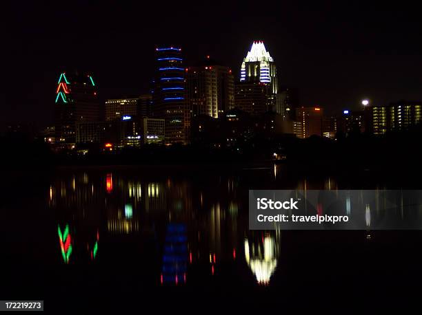 Austin Texas City Nighttime Skyline With Reflections On Town Lake Stock Photo - Download Image Now