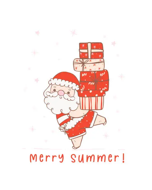 Vector illustration of Cute summer christmas santa claus with gifts. Kawaii Summer Christmas Holiday Cartoon doodle.