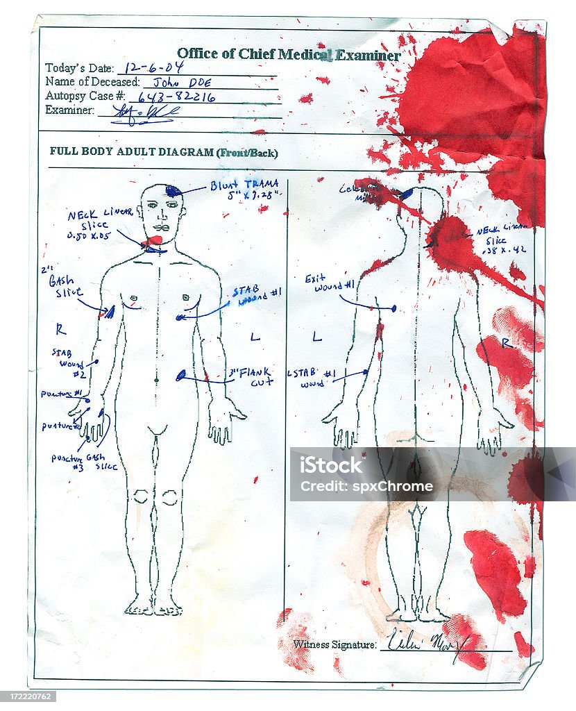 Autópsia relatório-Apunhalar vítima - Foto de stock de Autópsia royalty-free
