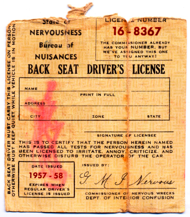 An old little paper I found when going through a box of family photos. It is a back seat drivers license from 1957. Its actually funny when you read it. My great grandmothers name has been photoshoped out for easy use on projects. Let me know if you are able to use it in a design.