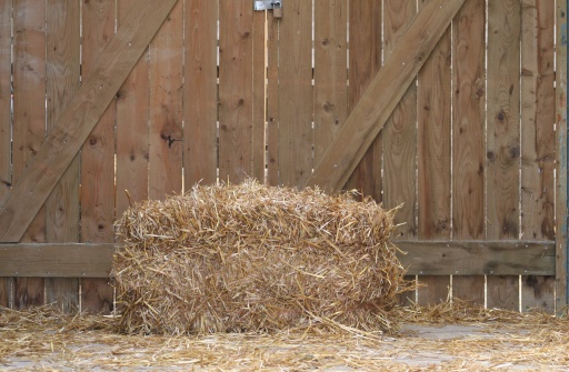 Bale of hay in front of locked barn doors