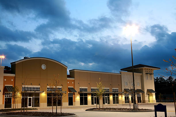 istock Empty, new construction shopping center, strip mall at dusk. 172221740