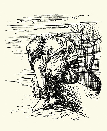 Vintage illustration Lost homeless boy crying, despair, dressed in rags, barefoot, Victorian 19th Century