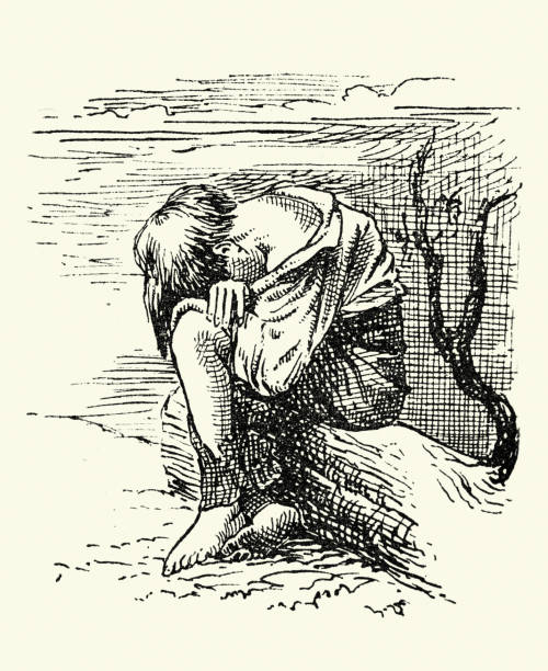 Lost homeless boy crying, despair, dressed in rags, barefoot, Victorian 19th Century vector art illustration
