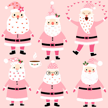Vector funny, hipster Santa Claus characters in pink with dots, flowers for greeting cards and invitations