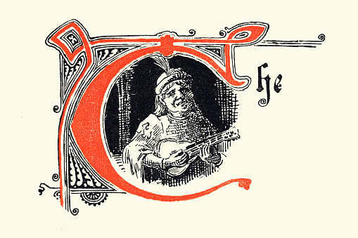 Vintage illustration Illuminated ornate medieval captial letter T, The, minstrel play mandolin