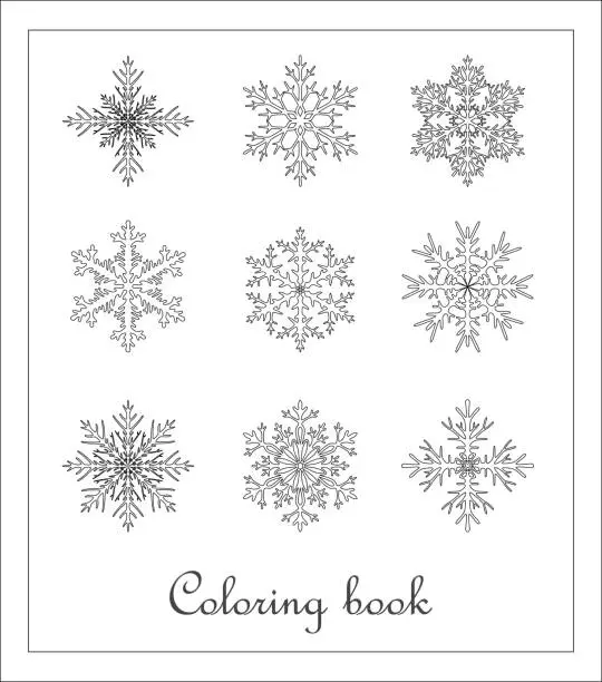 Vector illustration of Coloring book for children with different types of snowflakes in thin frame with signature