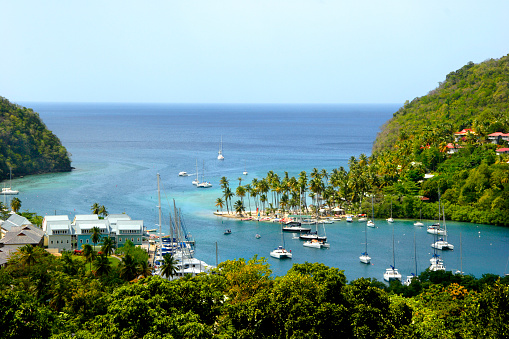 Marigot Bay is a hurricane hole for sailors in St. Lucia in the Caribbean islands