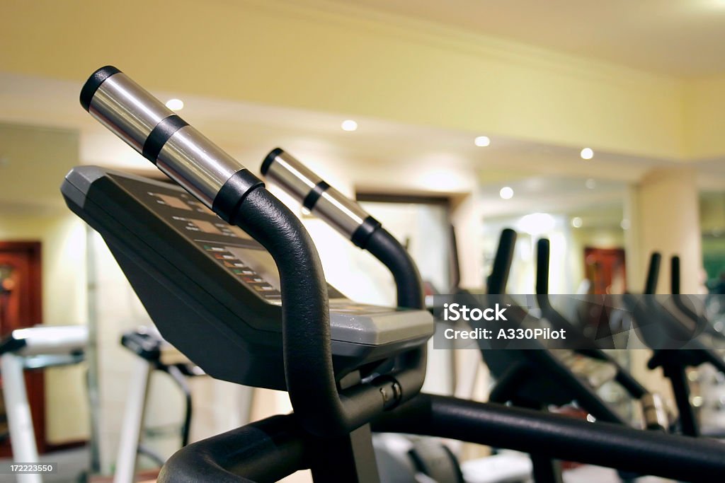Treadmills at a health club or gym Set of treadmills at a small health club. Gym Stock Photo