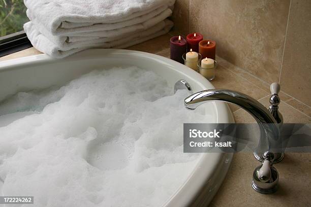 Bubble Bath With Candles Towels Stock Photo - Download Image Now - Bathtub, Bubble Bath, Soap Sud