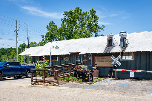 Helena, Alabama, USA-July 15, 2023: The Depot Deli and Grill in Old Town in historic Helena. This restaurant is located in a former train depot and features historic railroad memorabilia.