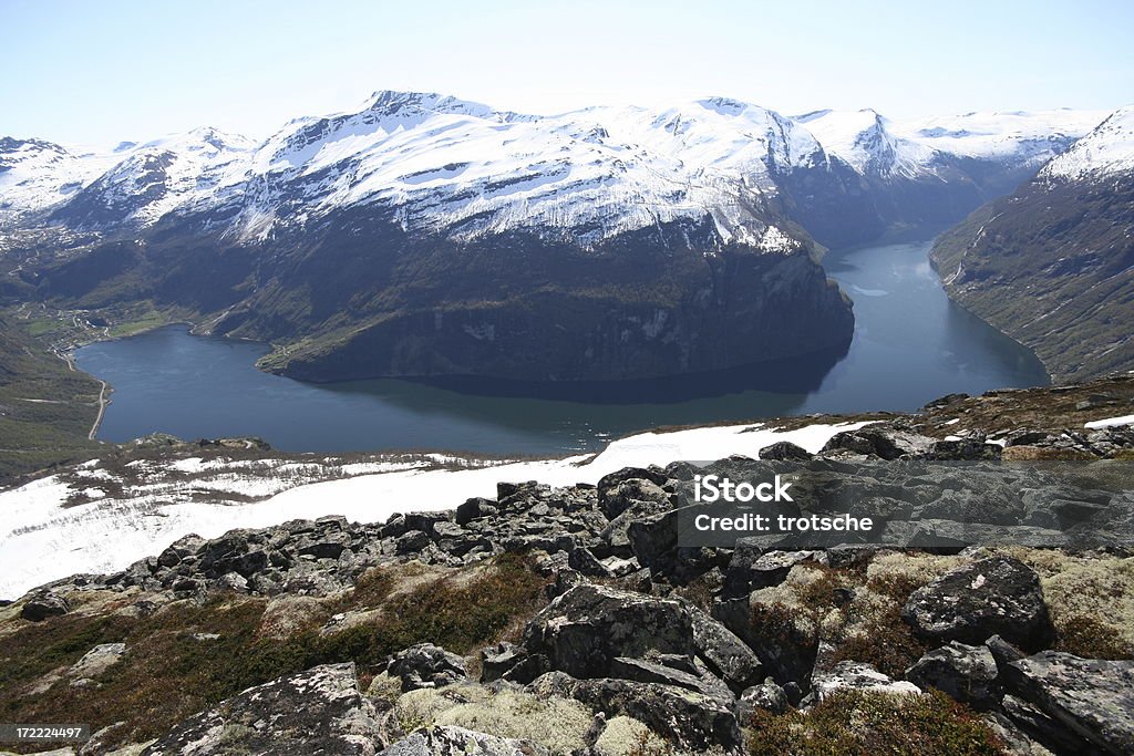 Geiranger fjord Wide angle view of the Geiranger Fjord in Norway Cityscape Stock Photo