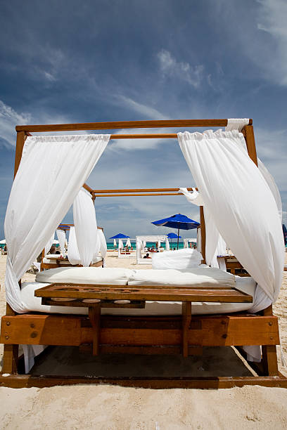 Bed setup for lounging on the beach.  Mamitas Beach club in Playa del Carmen, Mexico.