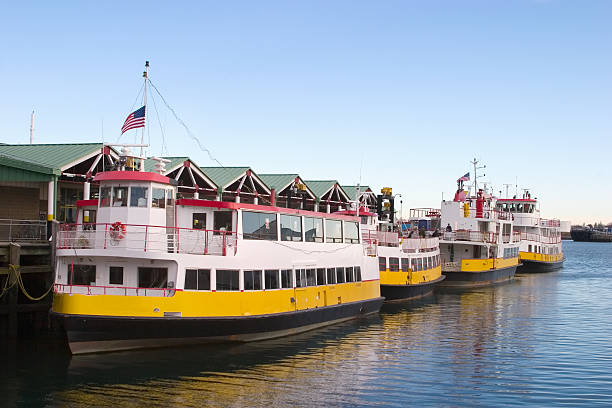 A line of brightly colored Ferry Boats docked in a New England port town with a clear blue sky behind them.