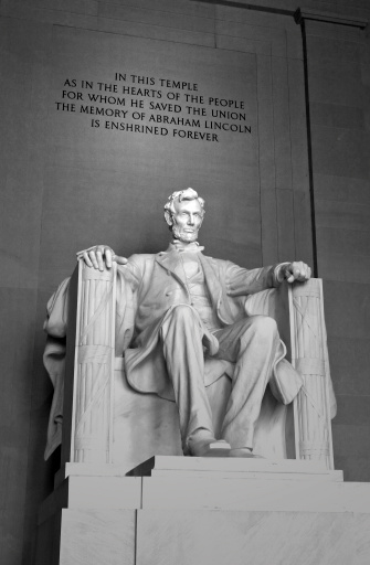Black and white image of the statue in the Lincoln Memorial in Washington D.C.