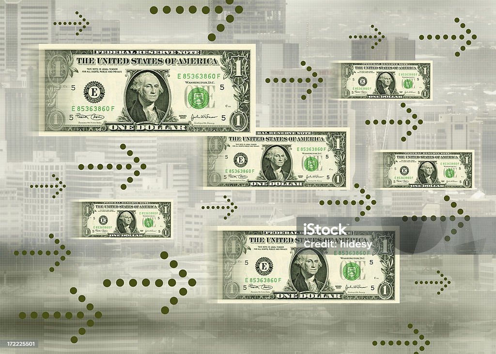 Cash flow concept showing bills following animated arrows Money moving with city in background.  Arrows.See more Cash Flow Stock Photo