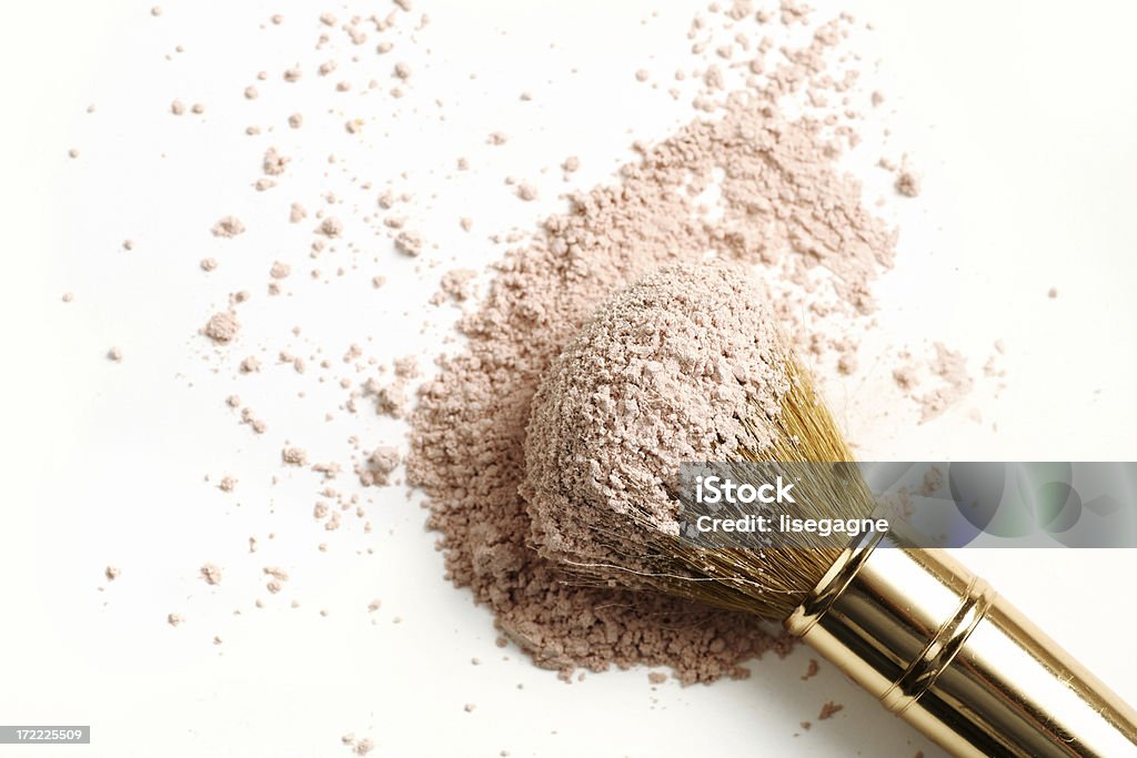 Face Powder "Make up serie ; brushes and powder (macro, selective focus)" Make-Up Brush Stock Photo