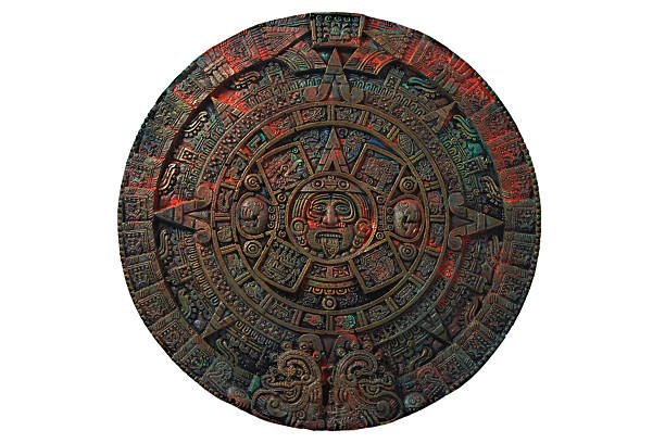 Aztec calendar It's a generic Aztec calendar. You can see the original at the Museo Nacional de Antropologia in Mexico City, Mexico. The original calendar is a massive stone slab, carved in the middle of the 15th century. It weighs almost 24 tons, has a diameter of 3.6 meters (12 feet), and a thickness of 1.22 meters (4 feet). aztec civilization photos stock pictures, royalty-free photos & images