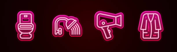 istock Set line Toilet bowl, Shower head, Hair dryer and Bathrobe. Glowing neon icon. Vector 1722259785