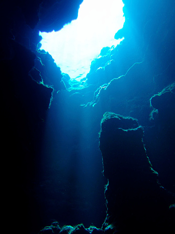 View towards surface from underwater cave.