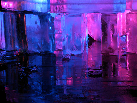 Beautiful blocks of melting ice - lit purple and blue from behind. Part of Boston First Night 2005