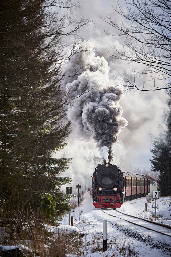 Historical steam train running full speed to Brocken Mountain in Harz region. The sky is grey, there is snow on the trees and the steam is coming out of the chimney.