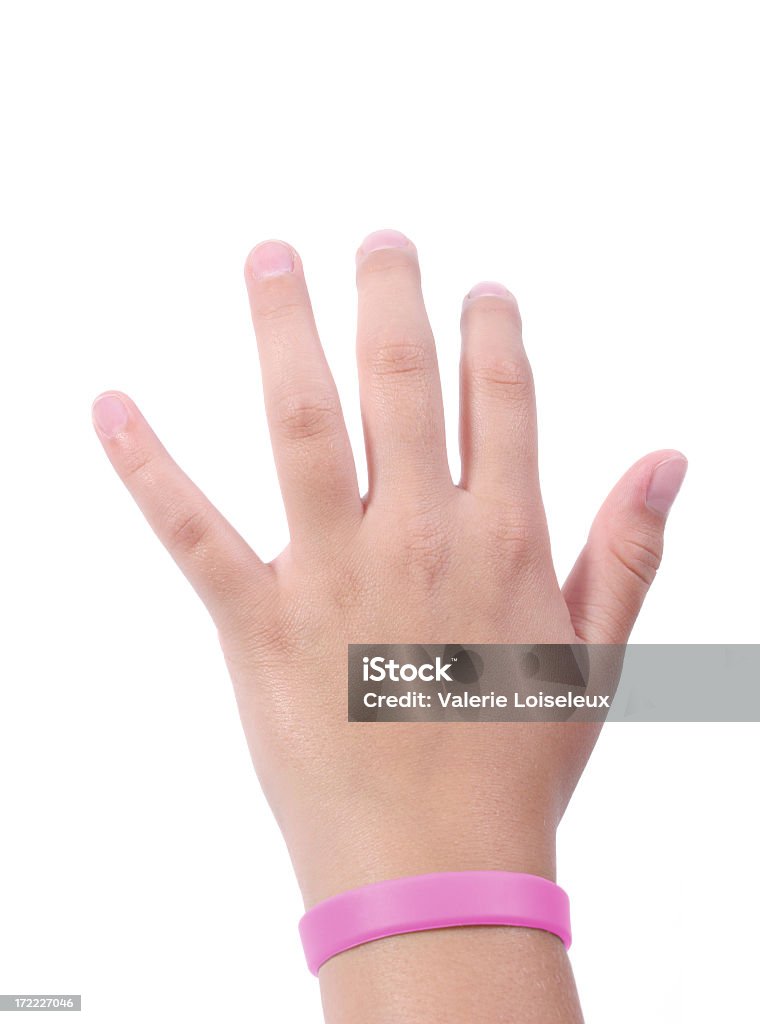 Hand with Pink Wristband Hand with Pink Wristband on a white background. This is a symbol of Breast Cancer. Bracelet Stock Photo