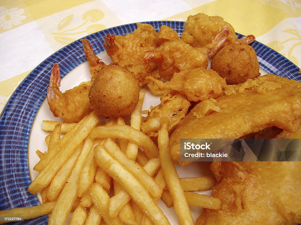 Shrimp, Fish & Chips - Seafood "Shrimp, Fish & Chips plate" Cod Stock Photo