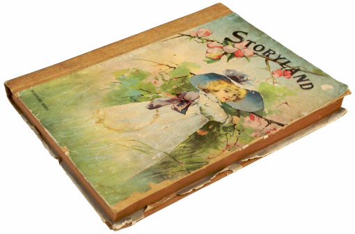 Cover view of a children's story book, published in 1885, featuring a painterly illustration of a little girl wearing Victorian dress in a garden. 