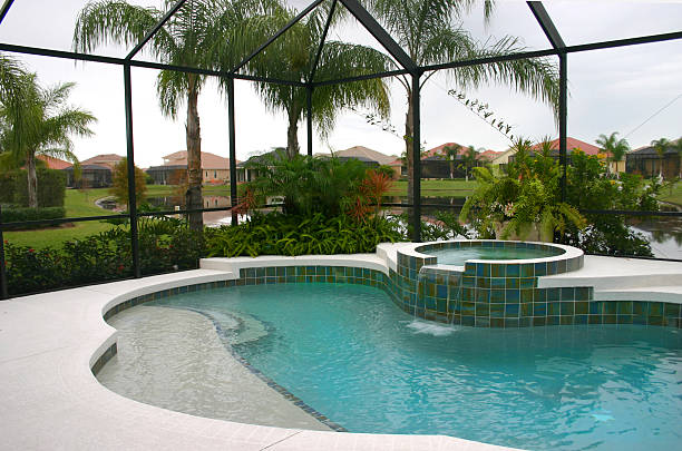 piscina tropical com banheira de hidromassagem - full length florida tropical climate residential structure - fotografias e filmes do acervo