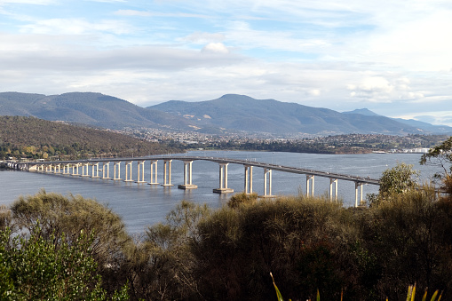Landscape view at Rosny Hill Lookout, offering breathtaking panoramic views of Hobart, the Tasman bridge and the stunning River Derwent. Tasmania