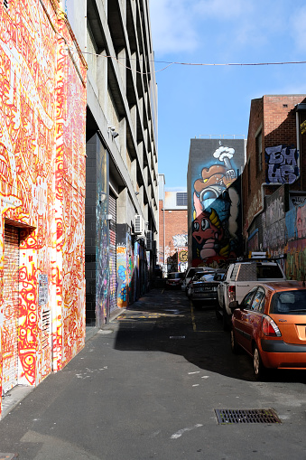 Colourful Bidencopes Lane, Hobart’s street art hotspot. Hobart is the capital and most populous city of the island state of Tasmania, Australia.